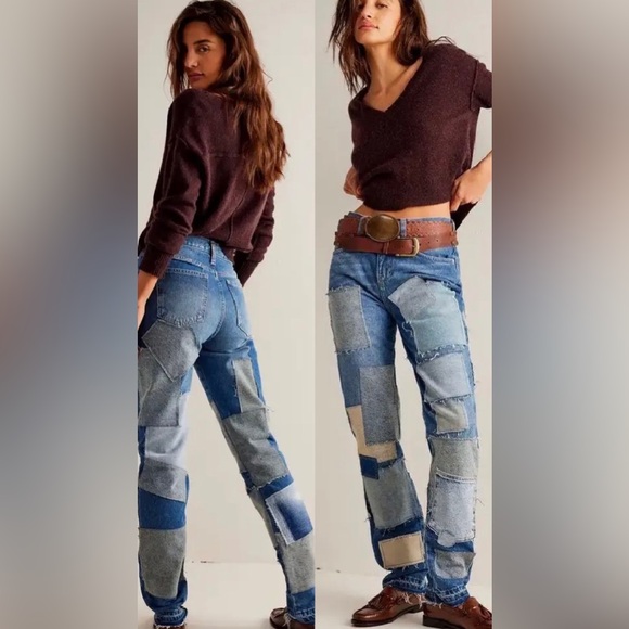 FP We The Free Bare With Me Mid Rise Straight Leg Jeans with Denim Patchwork - Picture 1 of 4